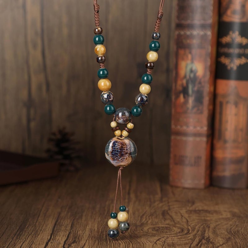 DS Boho Beaded Necklace for Women–Colorful Ceramic & African Tribal Beads, Adjustable Long Chunky Bohemian Jewelry with Gift Box Packaging,Hippie Witchy Vintage Handmade Fashion Statement Necklace - Image 2